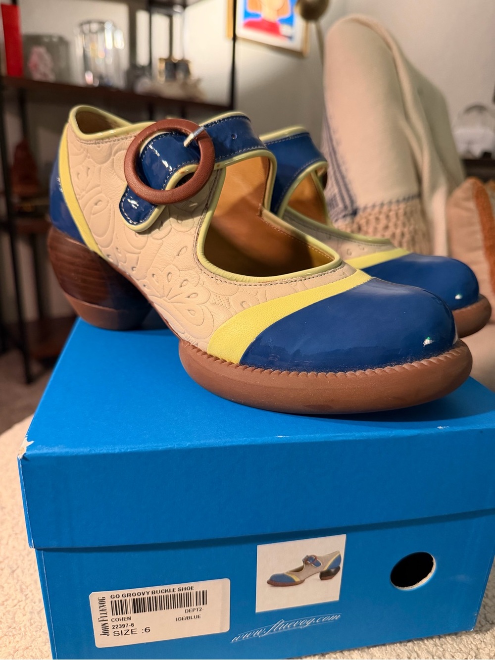 John Fluevog Navy, Cream and Yellow Mary Jane Heels